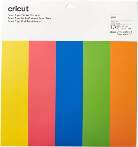 2008871 - Cricut Joy Smart Sticker Cardstock 5.5X13 10 Pack (Brightbow Sampler); 10 sheets (5 colors, 2 each) 10 sheets 13.9 cm x 33 cm (5.5"x 13") in Yellow, Cardinal Red, Cornflower, Bright Green, Tangerine; Skip the glue for hassle-free paper projects; Works without a cutting mat – just load & go!; Smooth, medium weight (210 gsm / 78 lb); For Cricut Joy™; Works without a cutting mat – just load & go; Skip the glue for hassle-free paper projects; Smooth, medium weight (210 gsm / 78 lb)